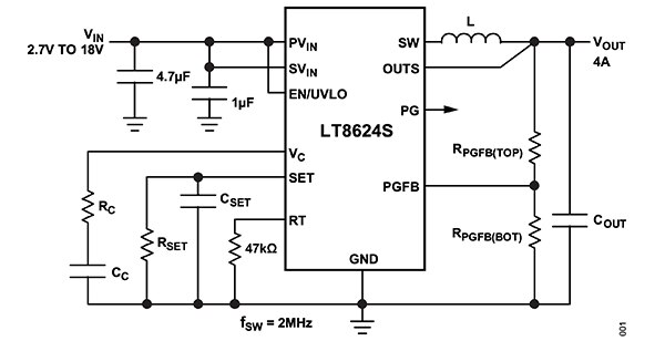 Analog Devices 的 LT8625S 只需要几个标准的外部器件的图