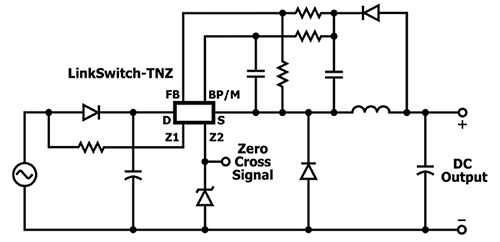 Diagram przedstawiający nieizolowaną przetwornicę obniżającą LinkSwitch-TNZ firmy Power Integrations