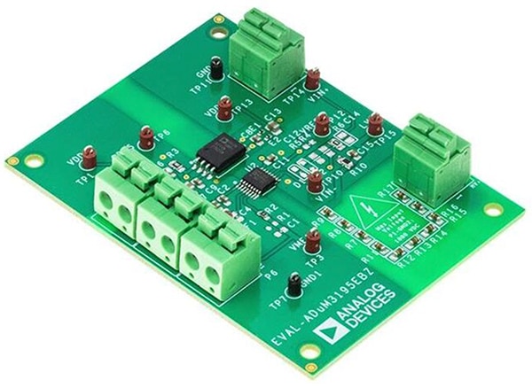 Ilustracja przedstawiająca płytkę ewaluacyjną EVAL-ADuM3195EBZ firmy Analog Devices