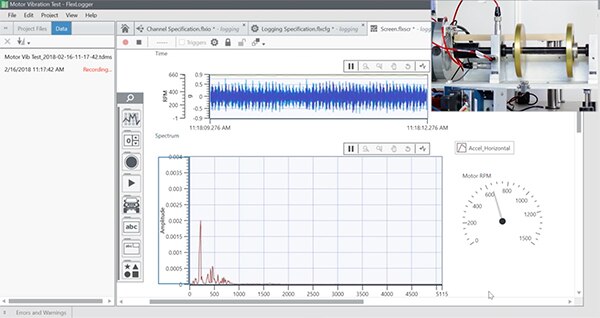 Image of FlexLogger view of a motor’s test results (click to enlarge)