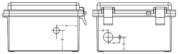 Diagram of front (right) and left-side (left) views of Bud Industries plastic enclosure (click to enlarge)