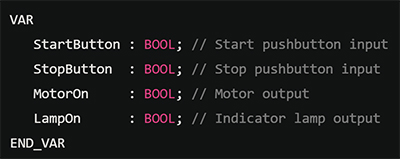 Image of Boolean variable declarations for motor control I/O