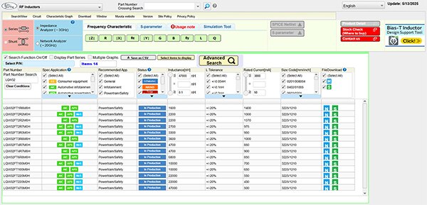 Image of Murata inductor selection tool (click to enlarge)
