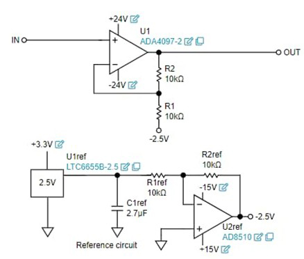 Diagram of Signal Chain Designer’s analog signal amplification stage circuit schematics