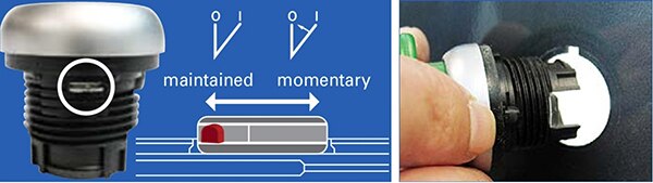 Image of field-convertible function selector (left) and anti-rotation tab for secure mounting (right)