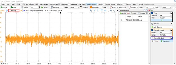 Image of noise floor level plot of the Analog Discovery 2 oscilloscope (click to enlarge)
