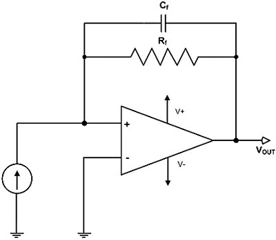 Diagram of TIA converts a current input into a voltage output