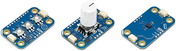 Image of Arduino ABX00110 button board (left), ABX00107 rotary encoder board (center), and ABX00102 ToF board (right)