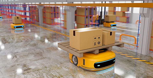 Rendering of automated guided vehicles (AGVs) carrying boxes in a warehouse