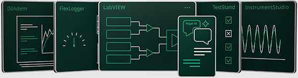 Image of software elements included with LabVIEW+ Suite, including Nigel AI