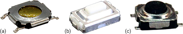 Image of CIT CS1204 series (a), CS1205 series (b), and CS1210 series (c) compact board-level tactile switches