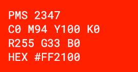 Red box with white text containing hex, rgb, cmyk, and pms for DigiKey Red