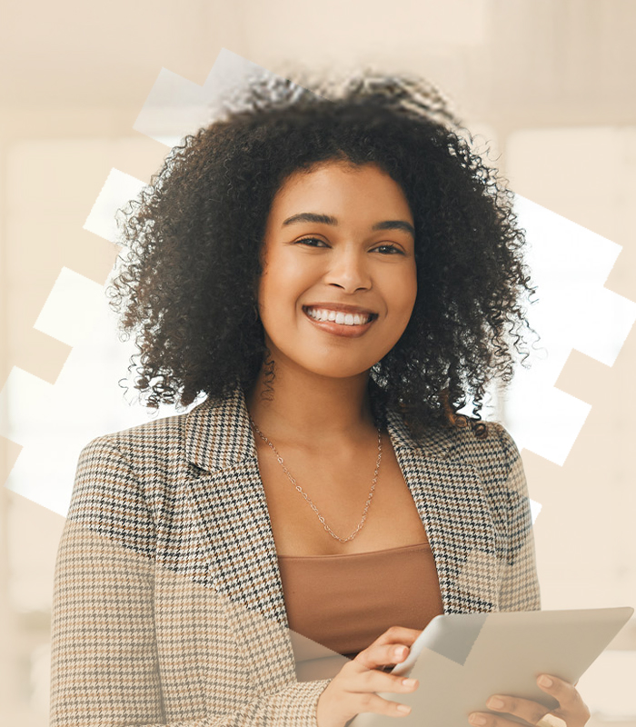 a woman in the foreground, framed by a silhouette of an electronics part, an office background with a cream color overlayed on top