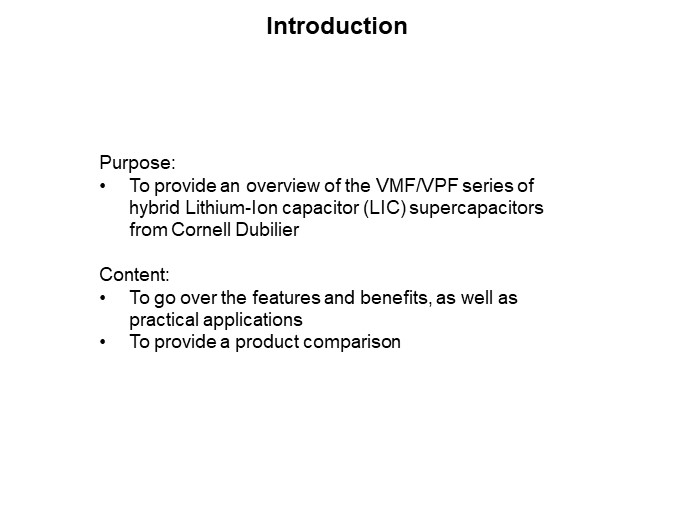 Image of Cornell Dubilier VMF/VPF Series Hybrid LIC Supercapacitors - Introduction