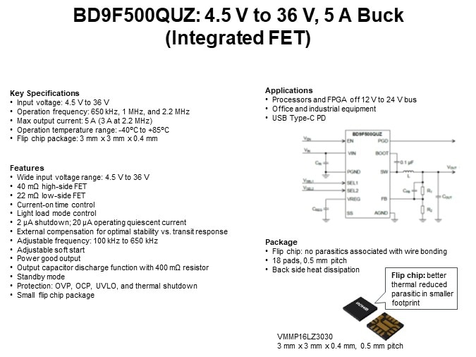 BD9F500QUZ: 4.5 V to 36 V, 5 A Buck (Integrated FET)