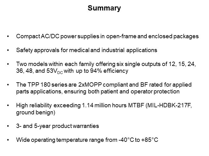 Image of TRACO Power TPP 180/TPI 180 Series AC/DC Power Supplies - Summary