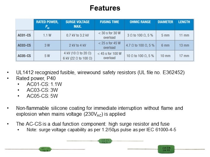 Image of Vishay BC Components AC-CS Safety Wirewound Resistors - Features