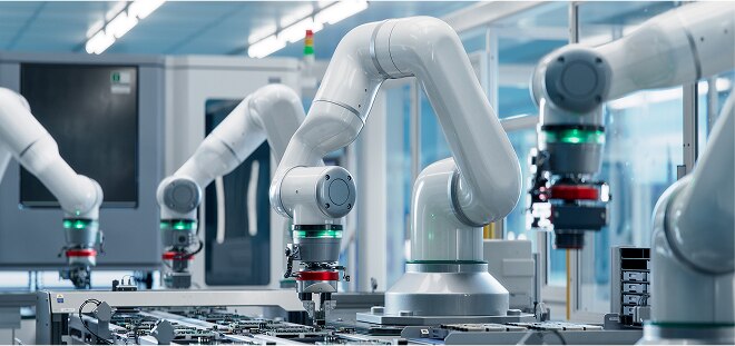 Several autonomous robot arms working on an assembly line