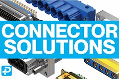 A variety of D-sub connectors with the words Connector Solutions on a blue bar in front of them