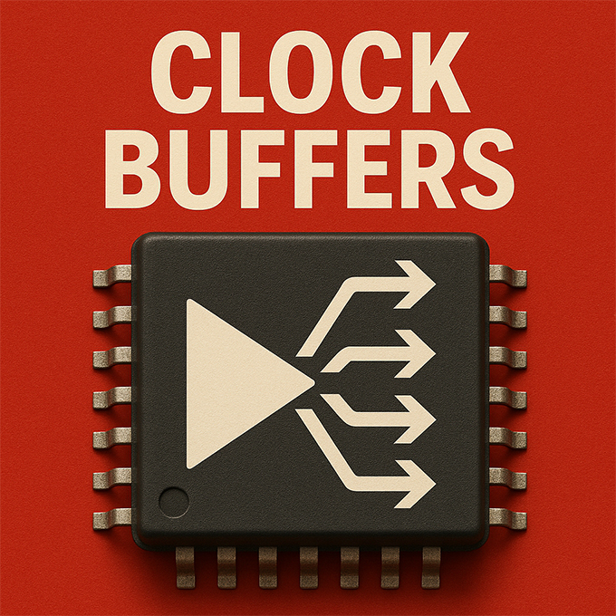 Red background with chip and text Clock Buffers