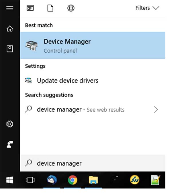 Finding the device manager option in Windows 10