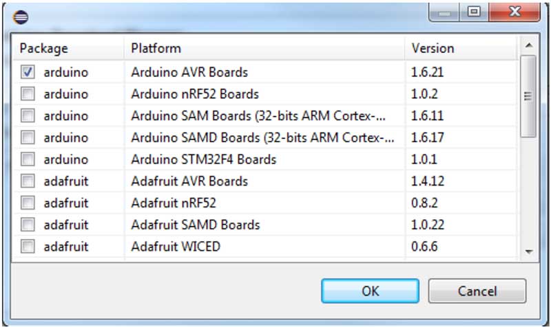 select “Arduino AVR Boards” and then click “OK”