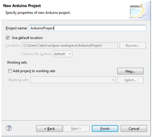 For now, we will call our project “ArduinoProject” and leave the location as its default.