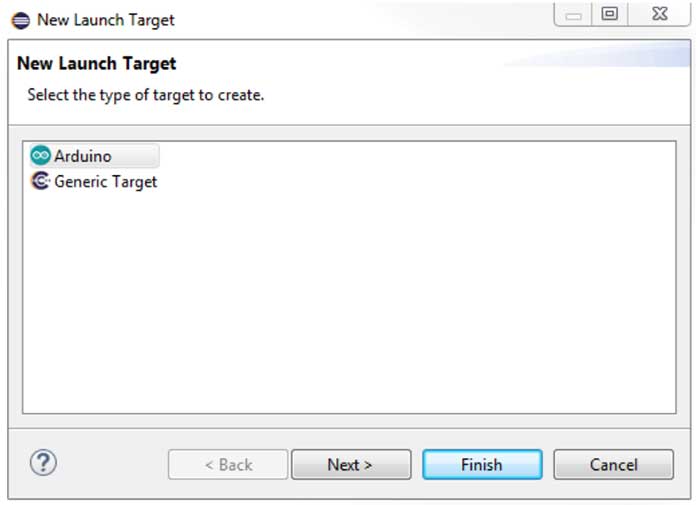 The first window asks what type of target you are using, so, in this case, we will select Arduino.