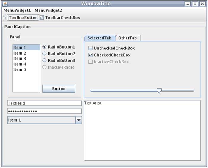 Example of a Swing GUI program written in Java.