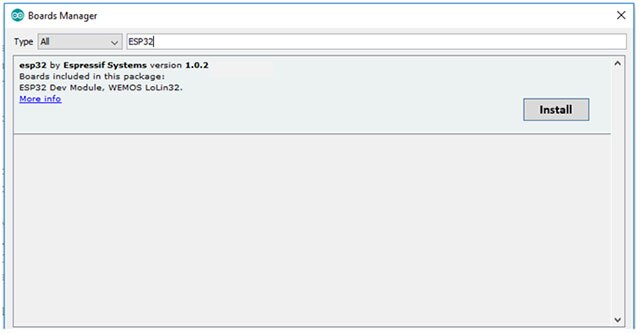 Boards Manager ESP32 Install