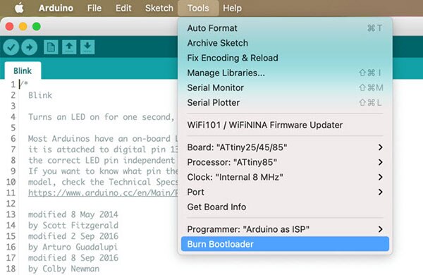 How to Flash the Arduino Bootloader to an ATTiny85 IC