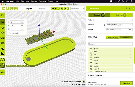 How to Print Dual Colors Using a Dual-Extruder Lulzbot 3D Printer & Cura