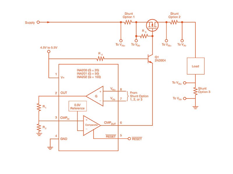 INA200 application schematic with resettable overcurrent load disconnect