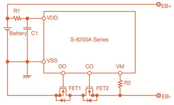 Typical application schematic for Seiko Instruments S-8200A Series battery protection ICs